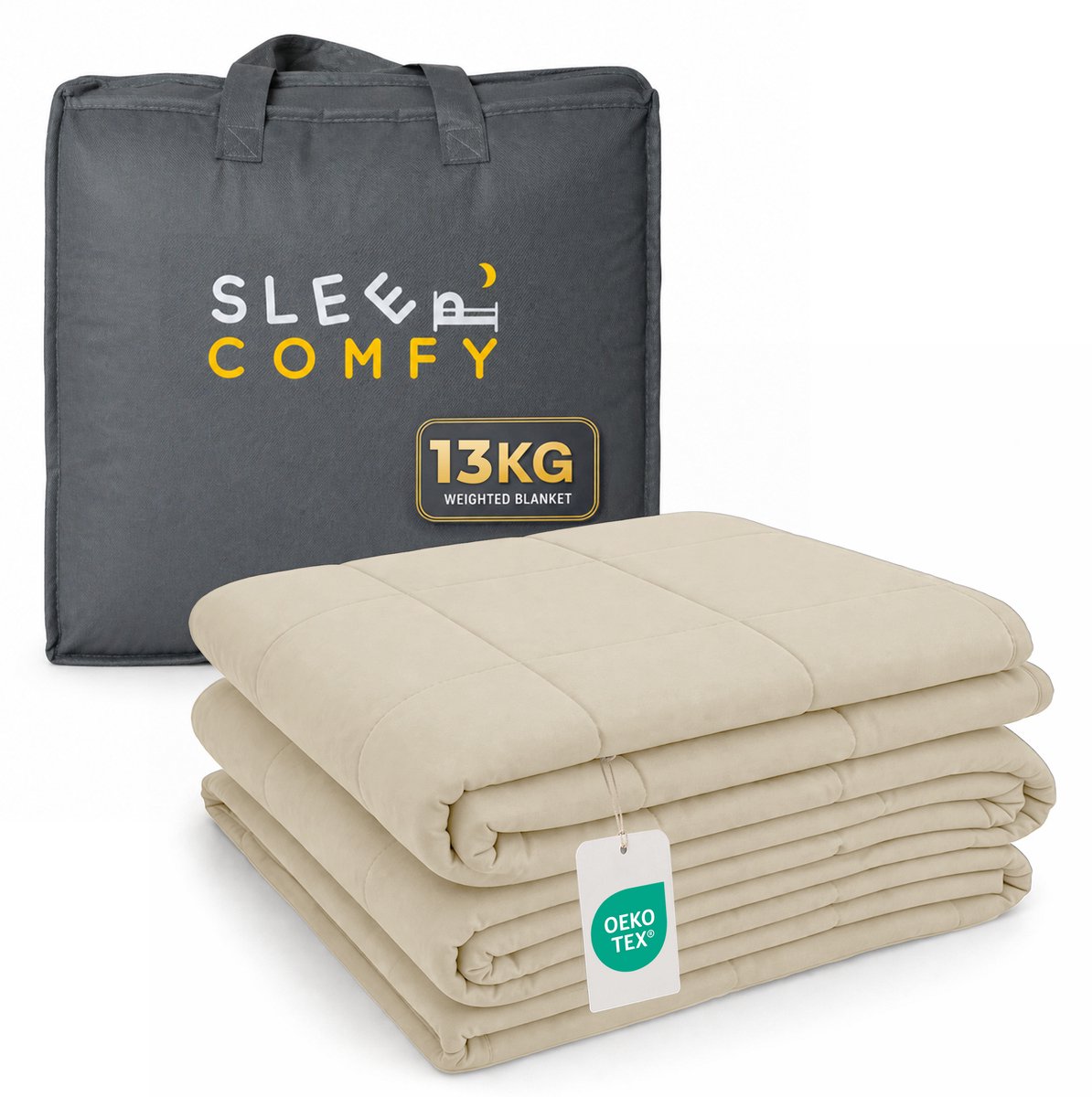 Sleep Comfy Verzwaringsdeken - 13 kg - 200x200cm - Weighted Blanket - Ontspannende Druk - Rustgevend - Comfortabel voor Alle Seizoenen - 4 Seizoenen - Hoogwaardig Materiaal - Zand