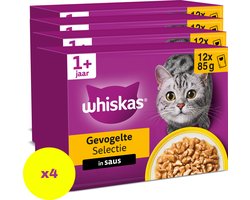 4x Whiskas Kattenvoer Nat Pouch 1+ Adult Saus Gevogelte Selectie 12 x 85 gr