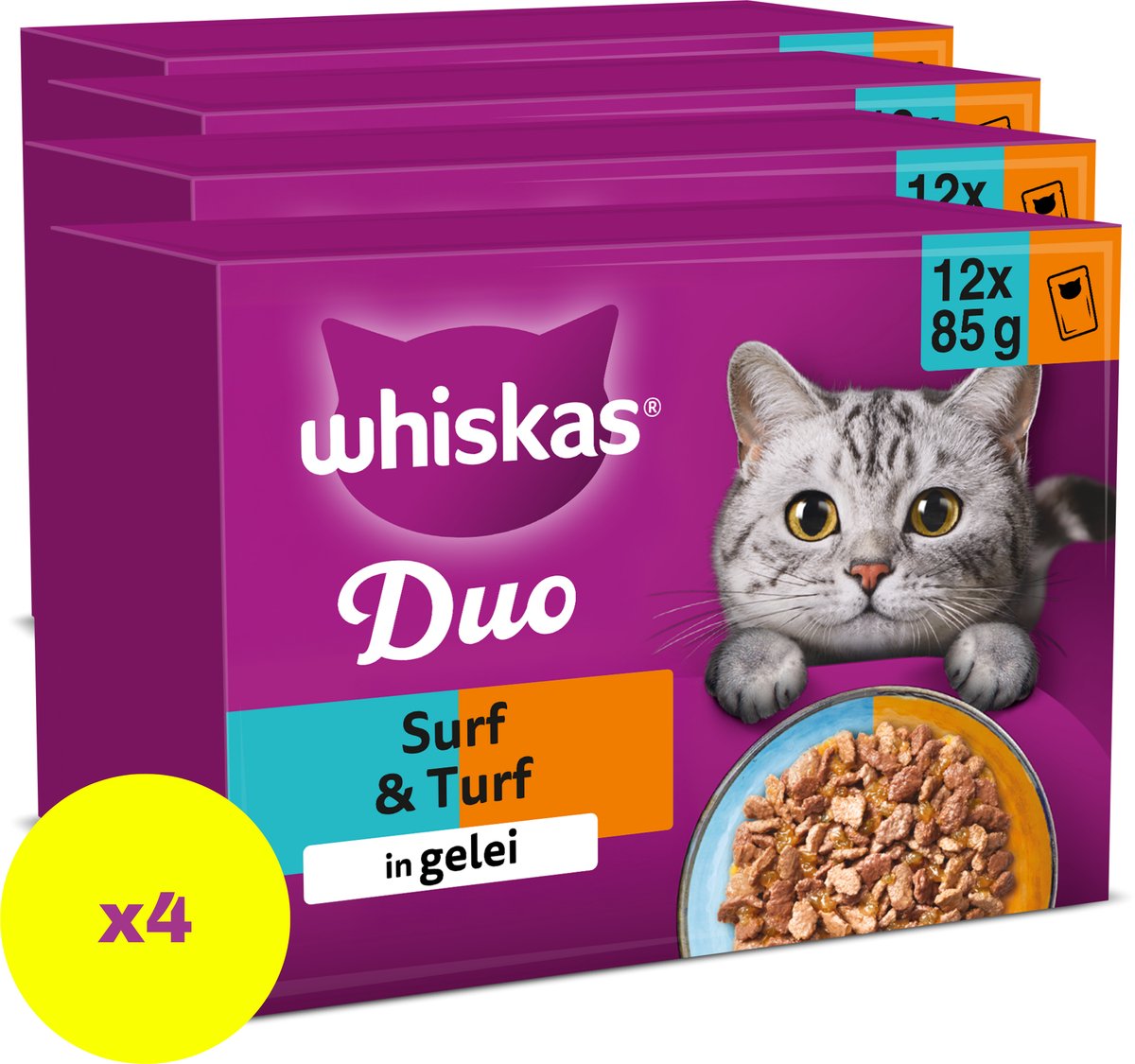 Whiskas 1+ Natvoer - Duo Surf & Turf - Selectie in gelei - maaltijdzakjes 48 x 85 g