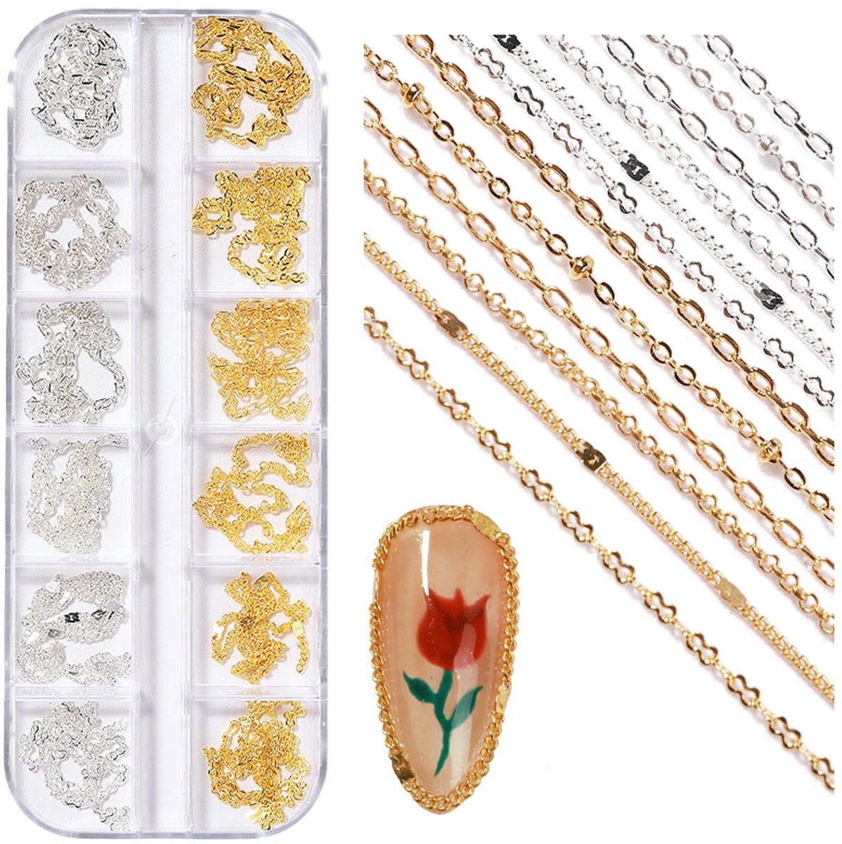 Allecto - Nagelkunstkettingen - Metalen nagelsieraden - Multisize - Zilver en goud - Punk-bedels voor nagels - Perfect voor creatieve nagelstyling ...