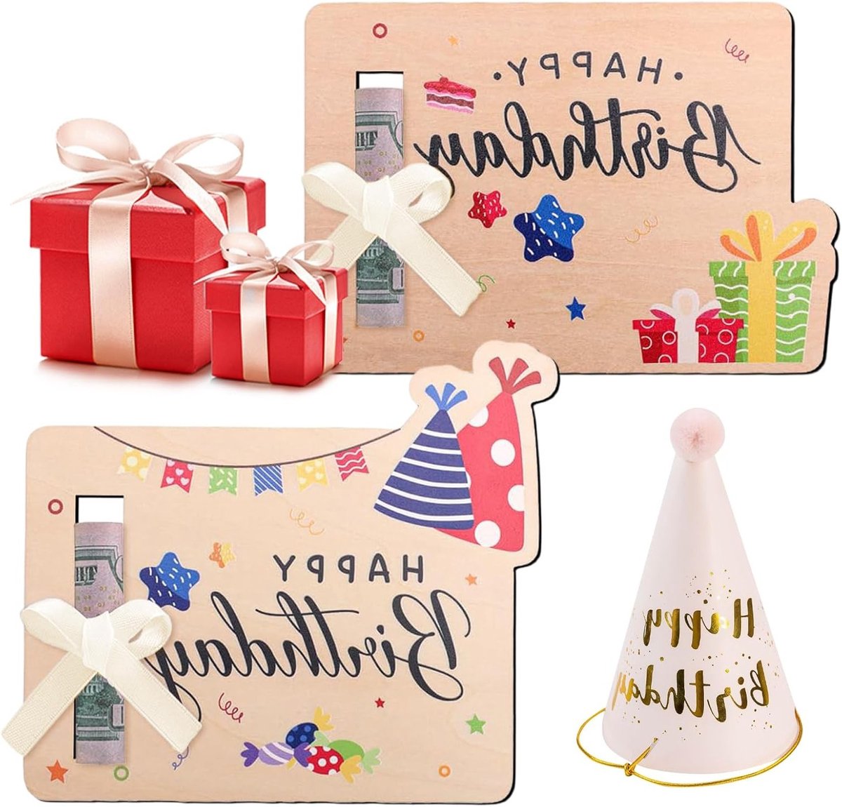 Verjaardagswenskaarten met Houten Geldhouder voor Cash Geschenken - Kleurige Geldportemonnees voor Creatieve Cadeau-ideeën, Persoonlijke Wensen en Herinneringen - Set van 2 Stuks