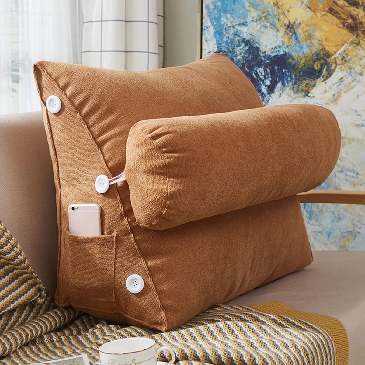 Leeskussen - Kussen voor lezen - Voor in Bed en Bank - Rugkussen - Boekenkussen met Kussenrol - Comfortabel Leeskussen - Bookseat - Meditatiekussen - Rugkussen onderrug - Bruin