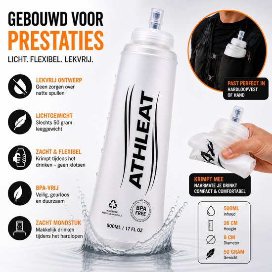 Athleat Soft flask 500 ml - Opvouwbare waterfles - opvouwbare drinkfles - Waterfles hardlopen - Bidon - Waterzak van Merkloos — afbeelding 3