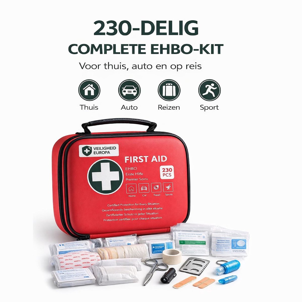 EHBO Kit 230-delig – Complete First Aid Kit – Verbanddoos voor Thuis, Auto, Reizen & Sport – Compacte Opbergcase – Rood – foto 7