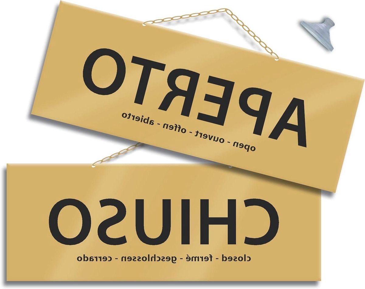 Winkelbord Open Gesloten - Dubbelzijdig Bord - Winkel Aangeven - Met Ketting Zuignap - 17 x 6.5 cm - Goud