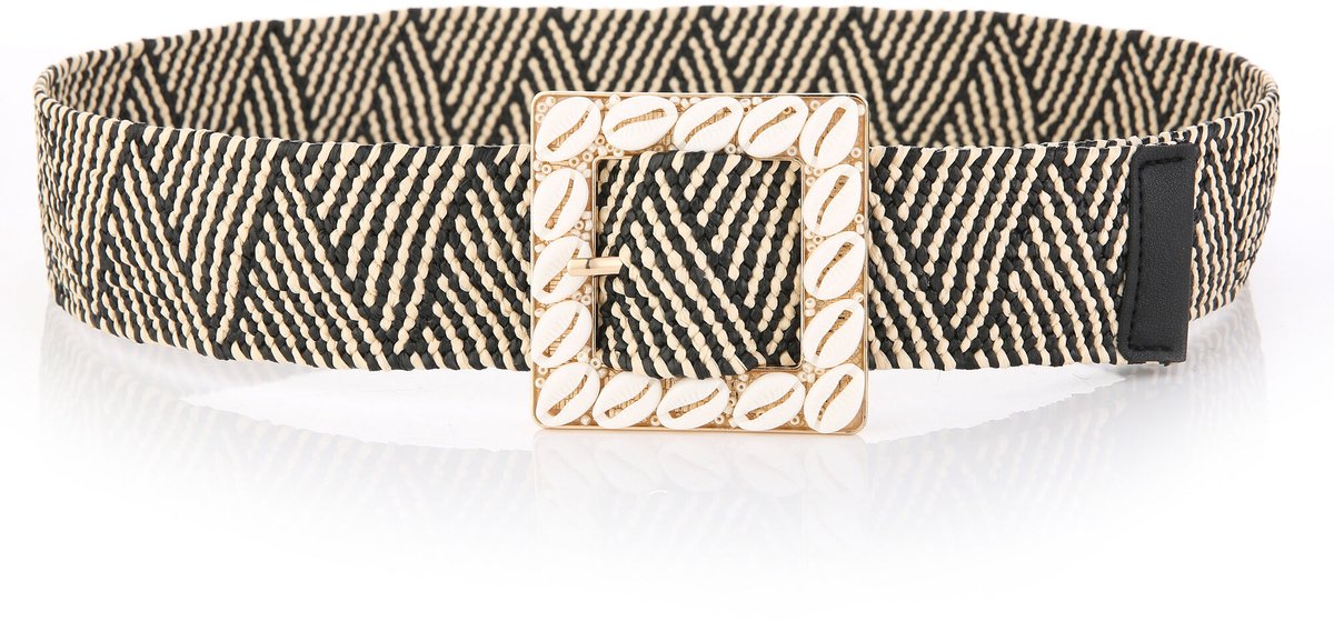 She life style - bohemien-stijl damesriem is een geweven elastische ceintuur met een vierkante houten gesp - 100 cm