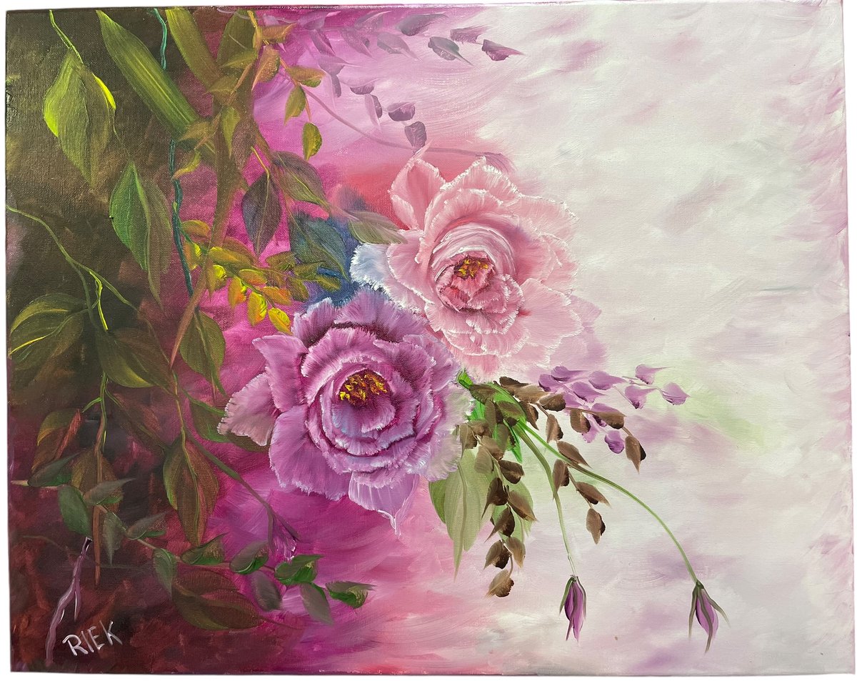 Rozen Schilderij Paars Roze – Olieverf Bloemen Schilderij – Handgeschilderd – 40 x 50 cm – Riek van de Bor