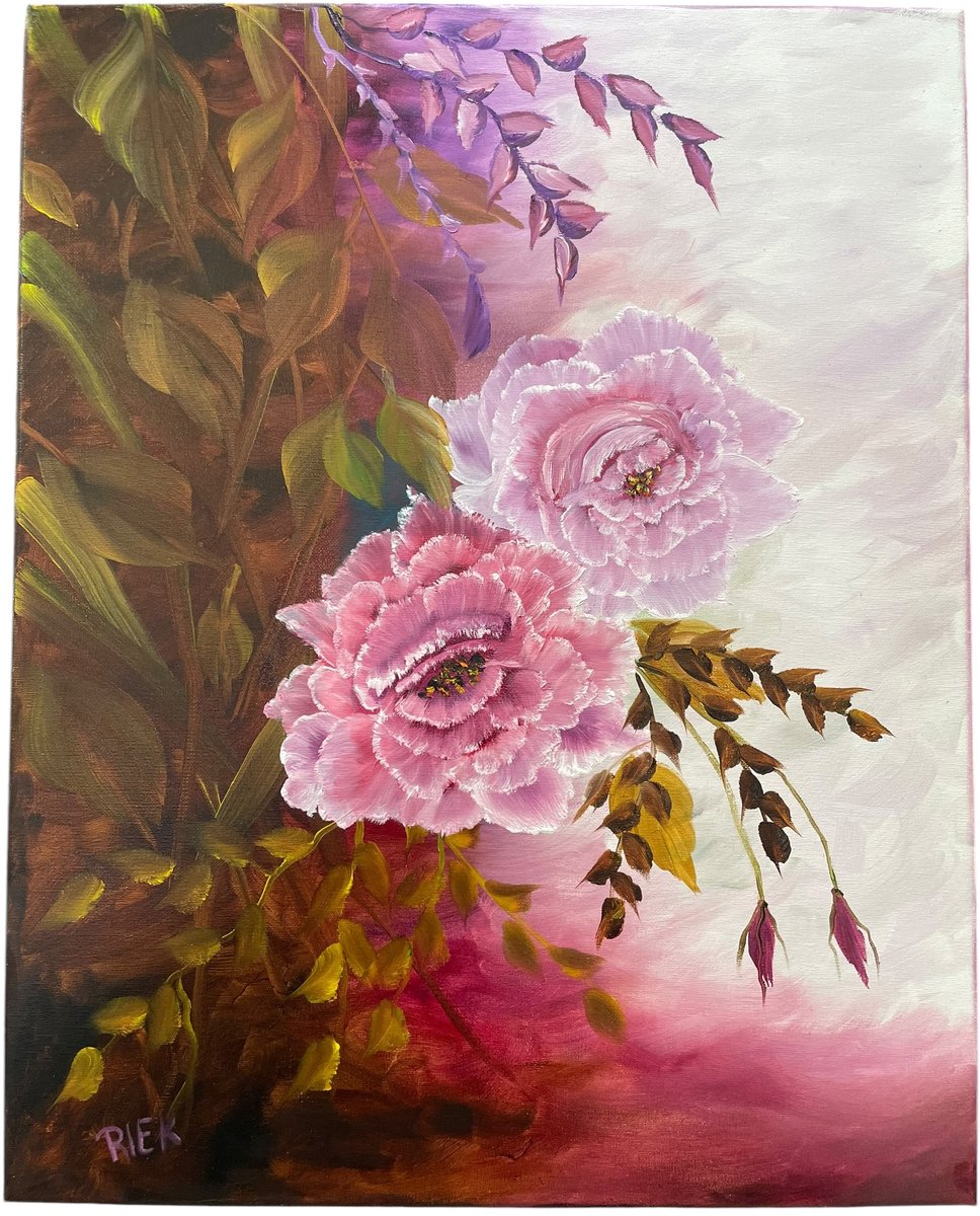 Rozen Schilderij – Olieverf Bloemen Schilderij Roze/donkerrood – Handgeschilderd – 40 x 50 cm – Riek van de Bor