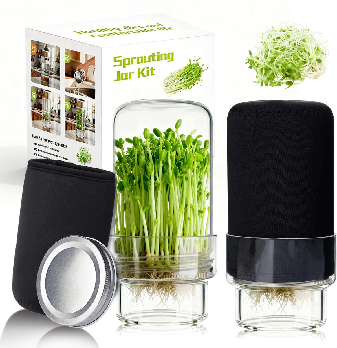 Sogiol® Kweekbakken - Kiempot - Kiembakje - Kiemgroenten Kweekset - Mason Jars met brede opening, kiemdeksels, lichtwerende hoezen en afdruipstandaard - Perfect voor thuistuiniers en liefhebbers