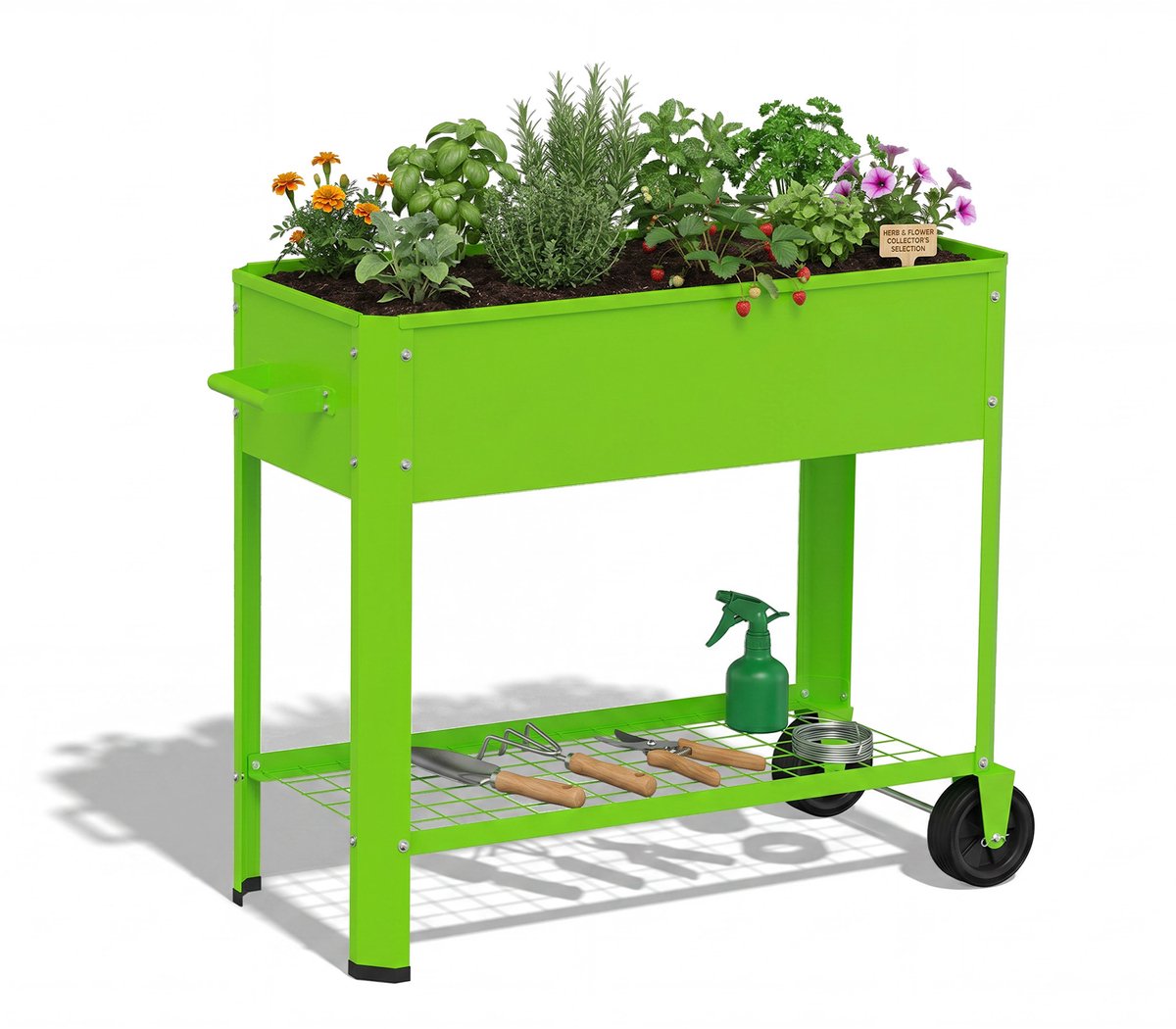 Aufun Gegalvaniseerd metalen verhoogd bak - stabiele plantenbak en groentebak, veelzijdig voor bloemen, fruit en groenten, geschikt voor binnen en buiten, groen, afmetingen 80x35x80 cm, Met armleuningen en wielen