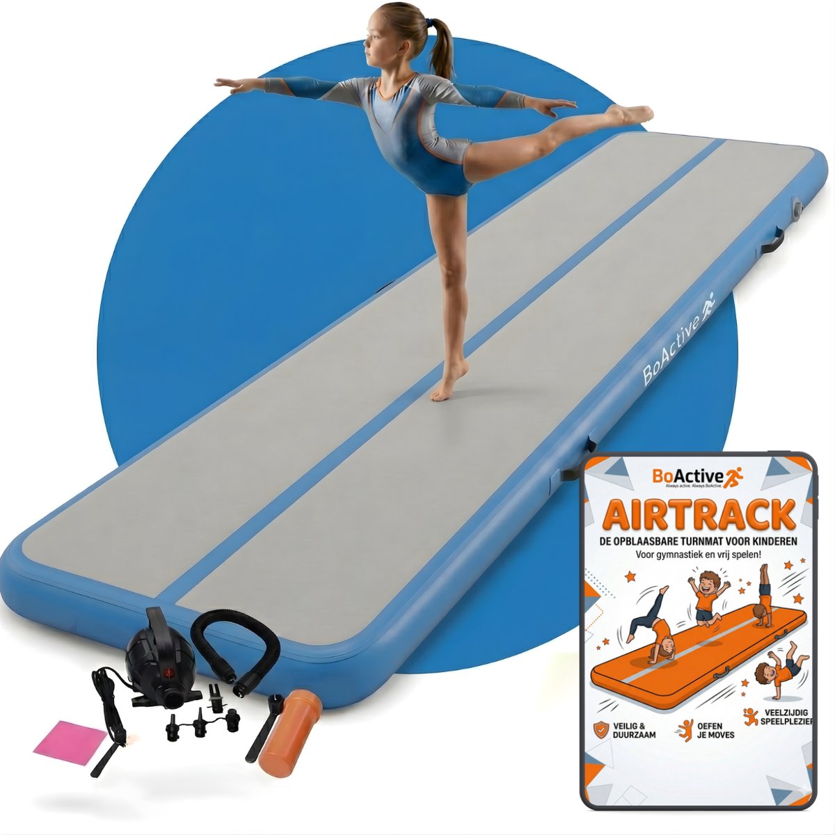 BoActive Airtrack 3 meter blauw met pomp