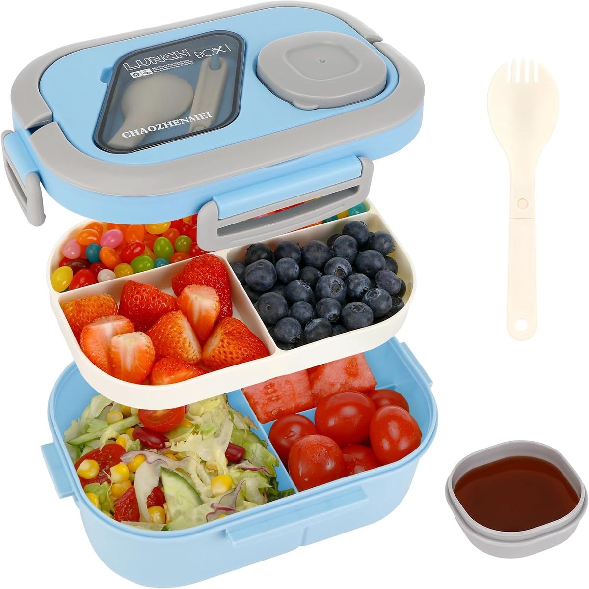 VHV - Broodtrommel - Lunchbox - Broodtrommel kinderen - Lunchbox volwassenen - 1200 ml - Lunchbox voor kinderen en volwassenen - Met 3 compartimenten - Lekvrij - BPA-vrij - Vaatwasmachinebestendig - Voor school - Picknicks en werk - Blauw