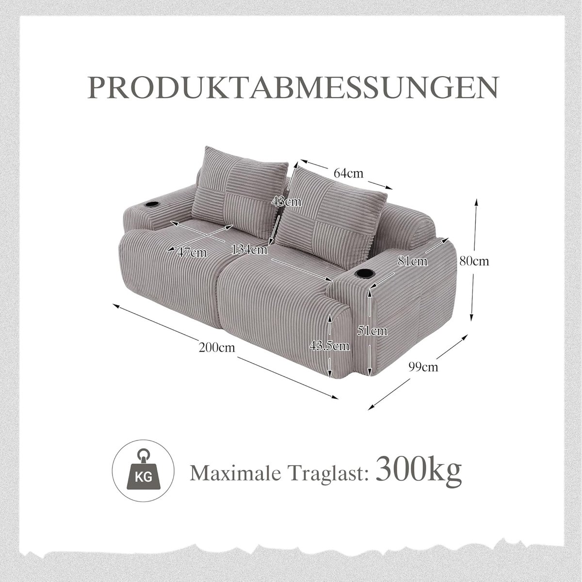 2-Zits Bank Corduroy – Arqam Luxe Modulaire Ribfluweel Sofa met Bekerhouder & Opbergtas, Comfortabele Design Loveseat 200 cm – Lichtgrijs