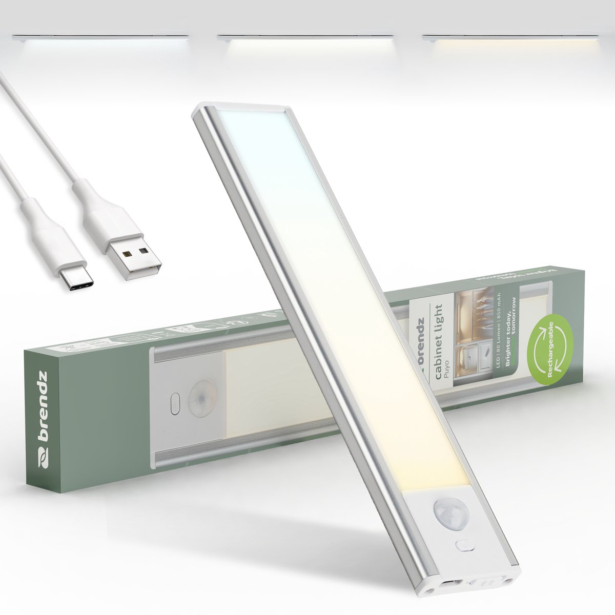 Brendz LED Kastverlichting met bewegingssensor, 20 cm, USB-C Oplaadbaar, Dimbaar, Magnetisch, 3 Kleurtemperaturen, Draadloos, Kastverlichting op Batterij, Zilver