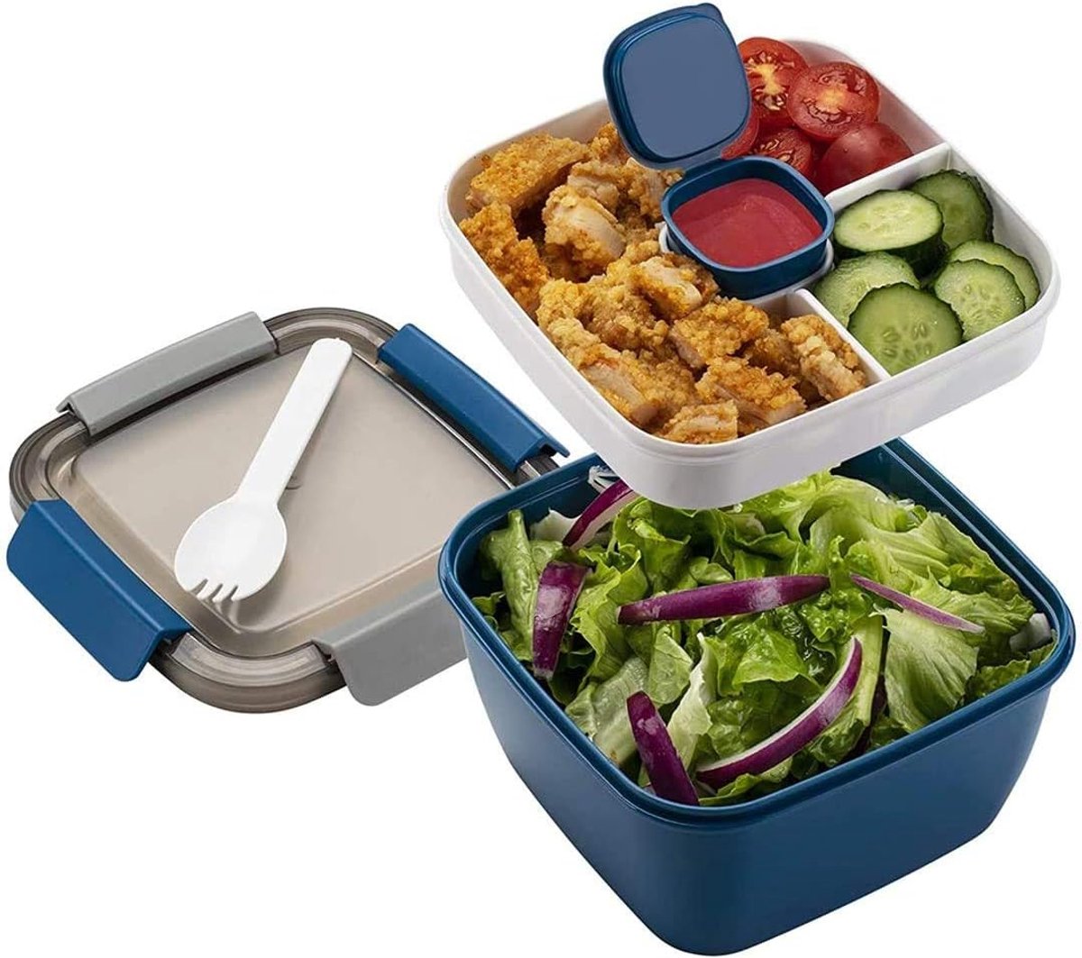 VHV - Broodtrommel - Lunchbox - Broodtrommel kinderen - Lunchbox volwassenen - Saladebox met verdeeld compartiment - 1100 ml - Voor volwassenen en kinderen -Magnetronbestendige - Voor school - Werk - Picknick - Reizen - Blauw