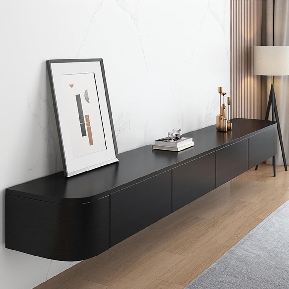 Zwevend TV Meubel Wandgemonteerd 180 cm – Modern Massief Hout TV Kast met Deuren & Grote Opbergruimte, Kabelmanagement, Zwart – HomebyNicole