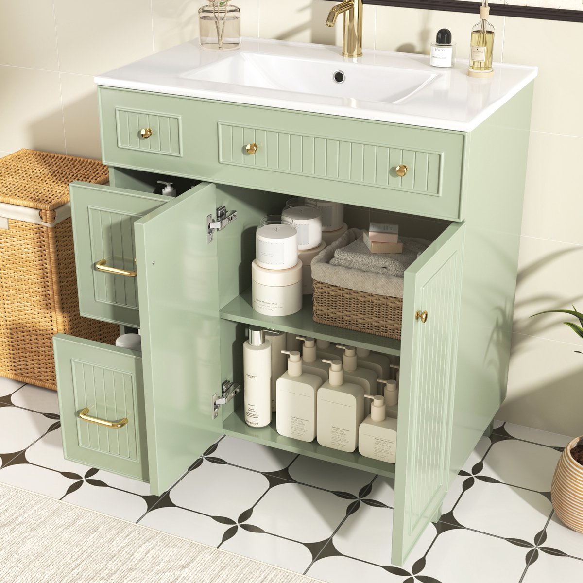 REDOM - Badkamermeubel Met Wastafel - Keramische Wastafel En Opbergruimte - Modern - Voor Badkamer - MDF - Groen