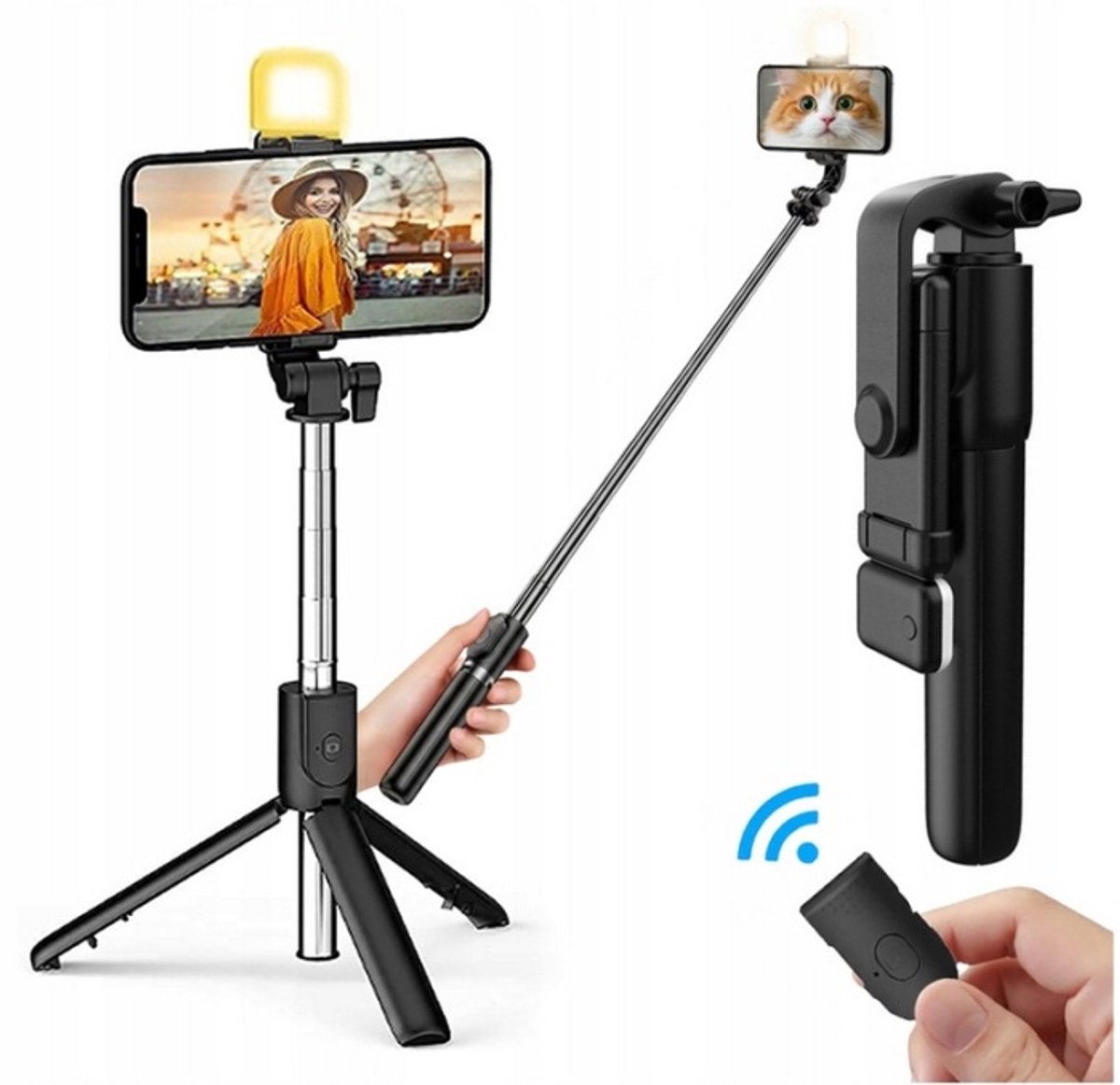 Selfiestick met statief, afstandsbediening en Bluetooth-standaard