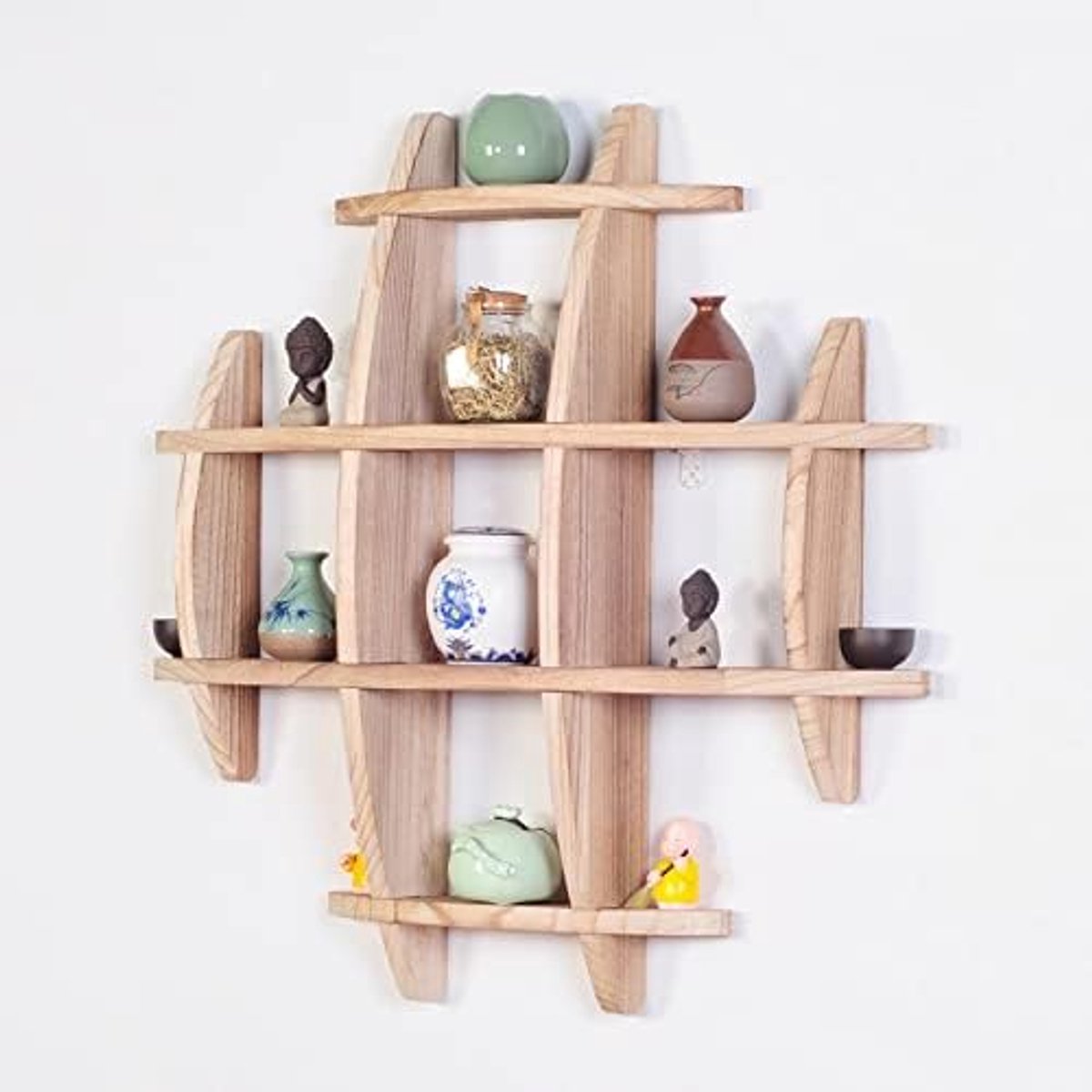 Zwevende Wandplank Hout 90x90 cm – Antieke Chinese Stijl Muurplank met Houtsnijwerk – Decoratieve Opberg- & Display Plank voor Badkamer, Woonkamer, Slaapkamer & Kantoor – HomebyNicole