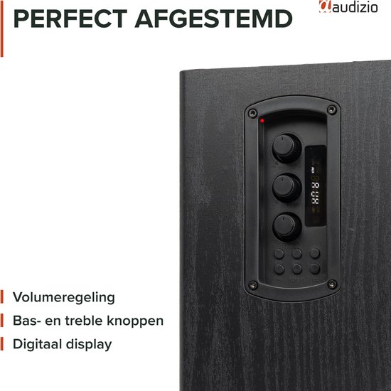 Zwarte luidspreker met volumeregeling, bas- en treble knoppen en digitaal display met de tekst 'AUX 88.08'.