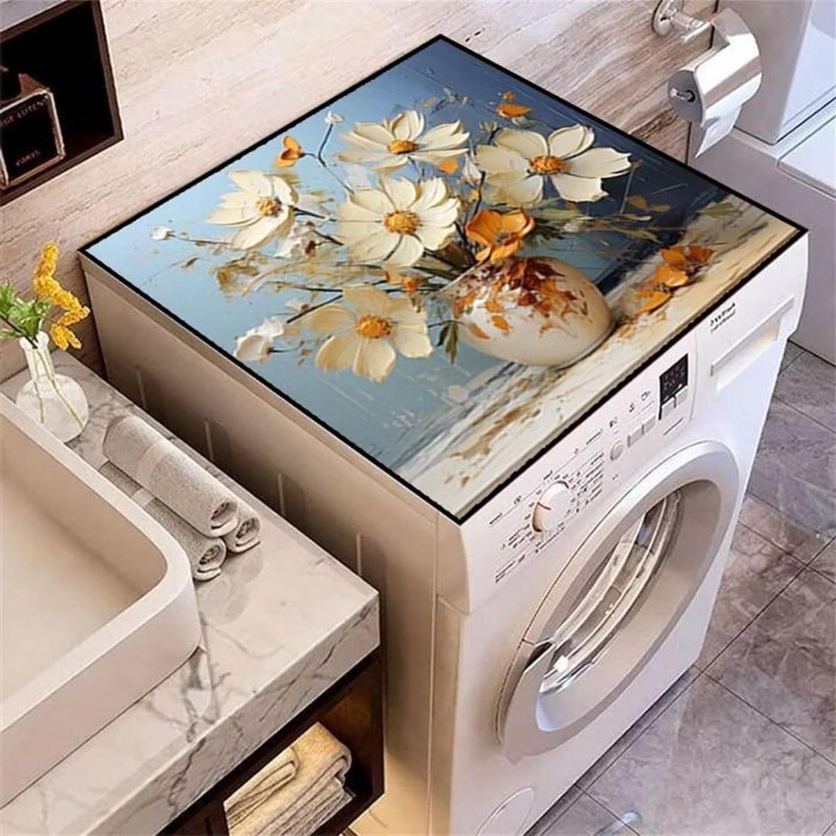 Wasmachine Droger Tophoes - Apparaatbeschermer - Apparaten Beschermen - Sneldrogend Absorberend - 50 x 60 cm - Wit met Bloemen