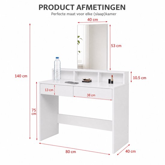 Witte kaptafel met spiegel en afmetingen van 80x40x140 cm.