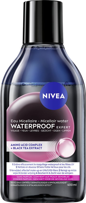 NIVEA Micellair Water Waterproof Expert gezicht, ogen, lippen met aminozuur complex en zwarte thee extract.