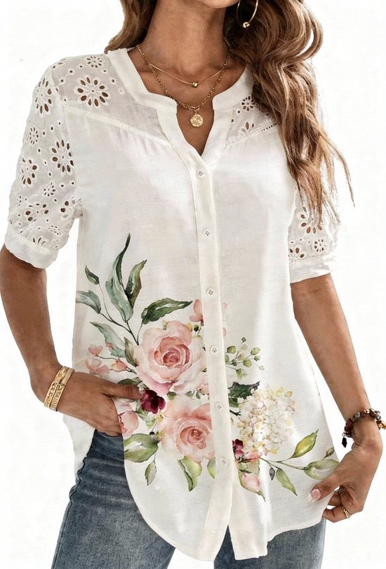 Elegante Dames Blouse - Chique - Bloemen - Wit - Zomer - Korte Mouwen - Lang