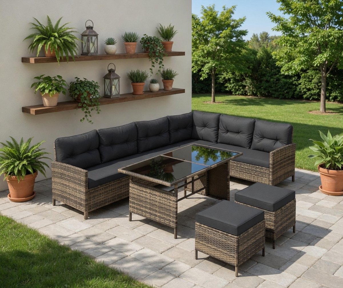Modulaire 5-Delige Wicker Loungeset Natuur | 6 tot 8 Personen | Hoekbank + Kruk + Tuintafel + Kussens Donkergrijs | Weerbestendige Tuinset voor Tuin, Terras & Balkon - INDUSTROHOME