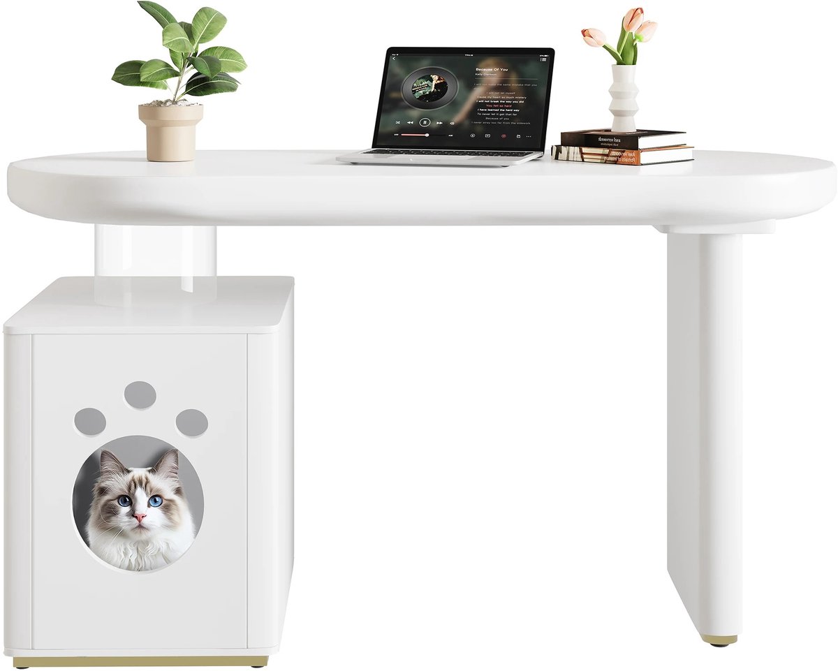 CINK Lux® bureau met Kattenhuis – Modern Wit Bureau met Opbergruimte – MDF Werktafel met Kattenhoek – 117 x 50 x 76 cm