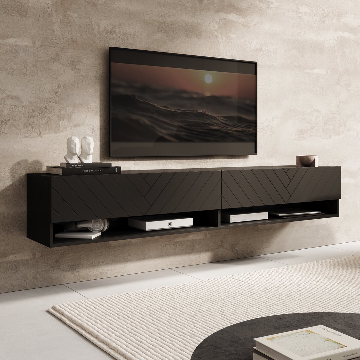 MEUBELLA TV-Meubel Asino - Zwart Visgraat - 180 cm