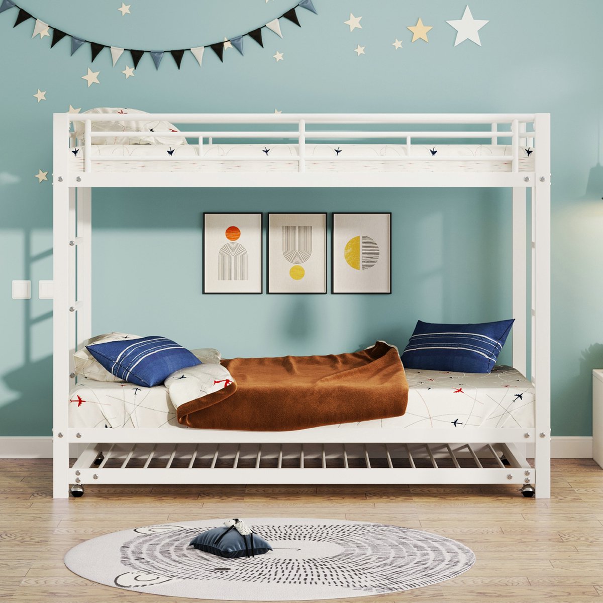 VVBV Stapelbed 90x200 – Kinderstapelbed met Uitschuifbed en Veiligheidshek – Metaal – Wit – Voor Kinderen en Tieners – Lattenbodem
