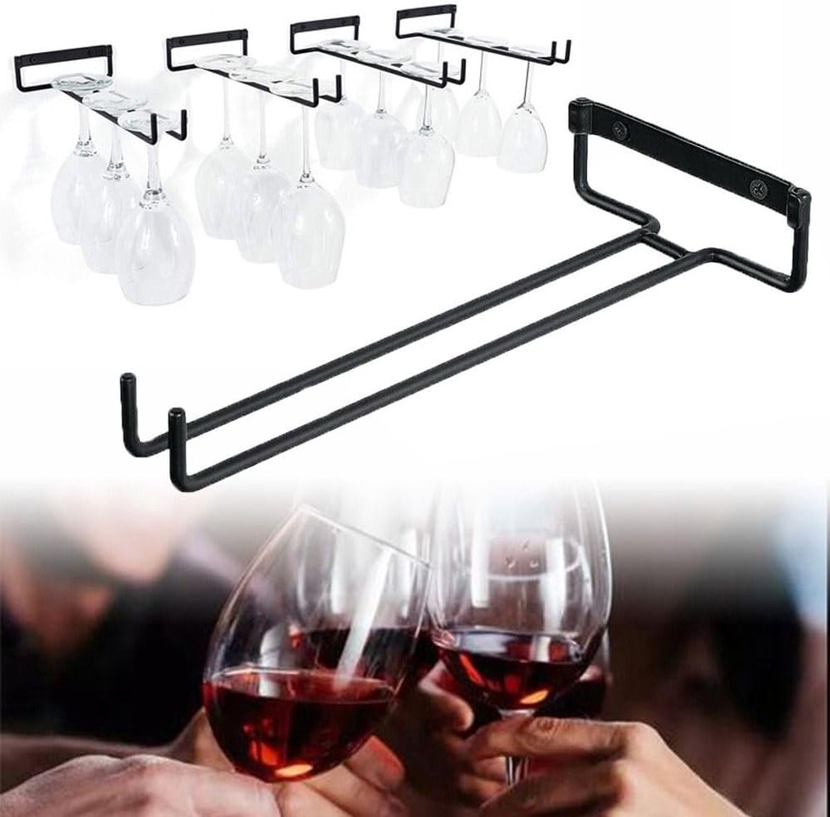 Wijnglazenrek voor aan de muur - Keukenwijnglazenorganizer - Wijnglazenhouder - Rek voor rode wijn - Glazenhouder - Hangend barrek - Opbergrek - Wijnglazenrek - Geschikt voor alle maten wijnglazen - 30*13*4,6 cm - Zwart - 2-pack — cadeau in Wonen & Interieur - foto 5