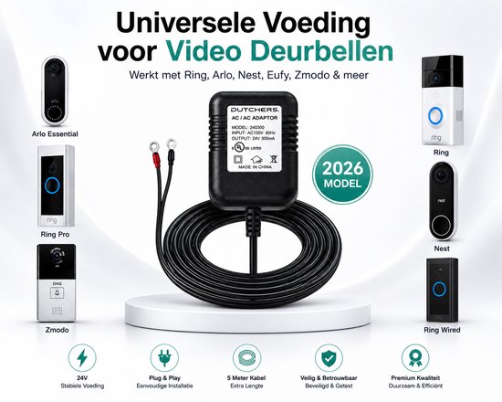 Dutchers Video Deurbel Adapter 2026 - 5M Snoer voor Eufy en - Dutchers® - €22,99