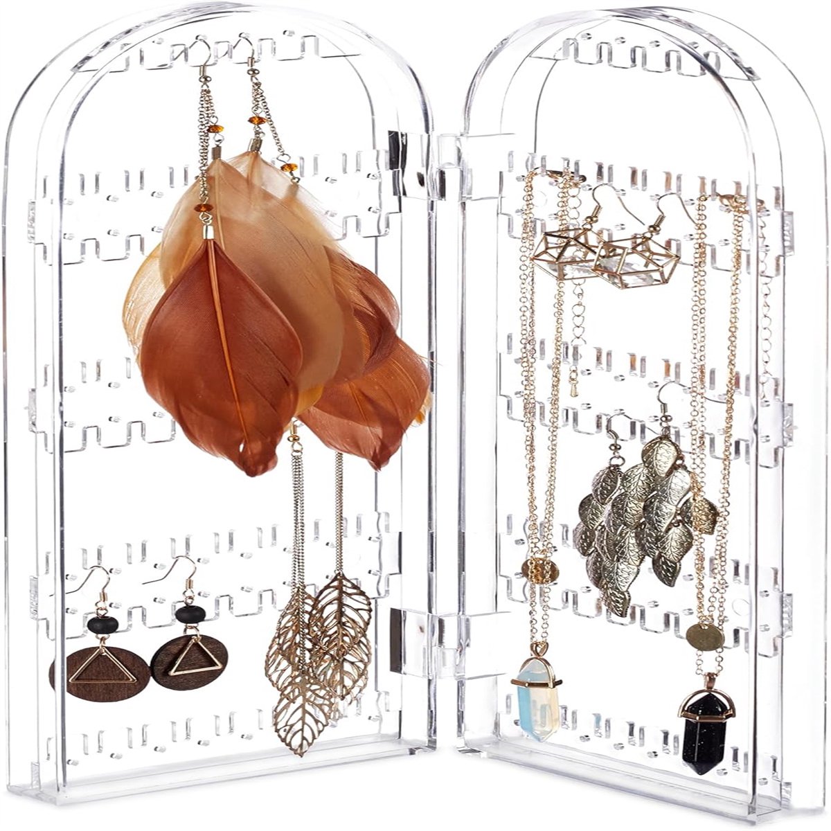 carmdering - Acryl Sieradenhouder - Opvouwbare Sieradenstandaard - Transparante Organizer - 120 Gaten En Haken - Twee Vakken Voor Overzicht - Duurzaam Acryl - Ruimtebesparend Design - Ideaal Voor Reizen - 1 Stuk