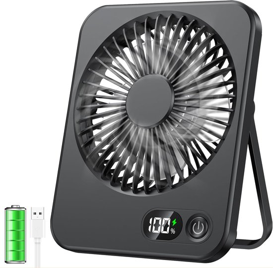 Mini tafelventilator USB oplaadbaar 2500 mAh stil 5 snelheden LED display draagbaar zwart