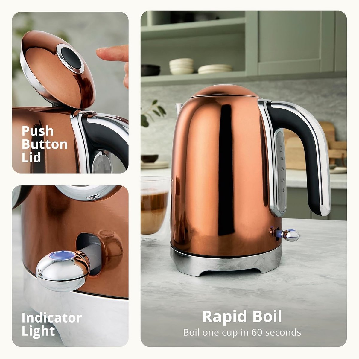 Swiss Haus® SWK2127 Waterkoker - 1.7L - 2200W – Retro Design – Kalkfilter – 360° Draaibare Basis – Kalkfilter - Koper — afbeelding 3