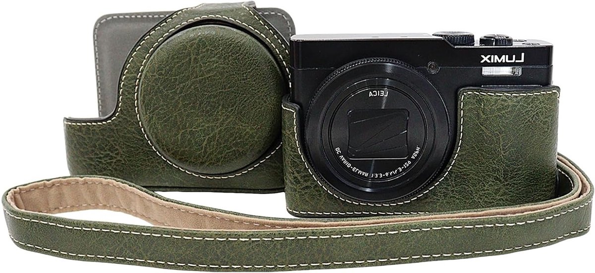 Elegante PU Leren Beschermhoes voor Panasonic Lumix DC-TZ99 - Krasbestendige Camera Case met Afneembare Beschermkap en Verstelbare Schouderband, Groene Beauty Case voor Fotografie