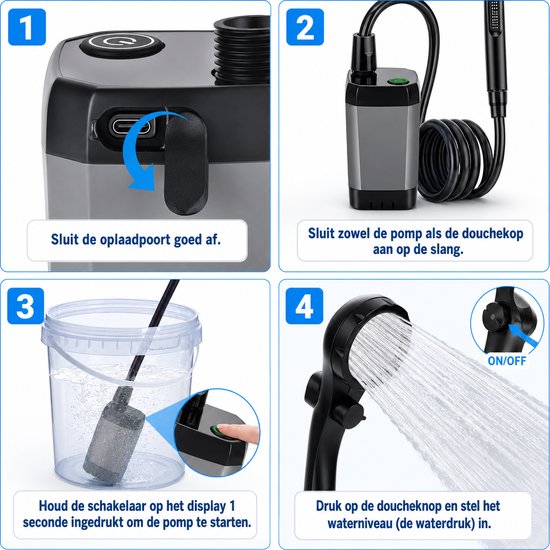 Camping Douche - Oplaadbare Accu - Elektrische Outdoor Douchepomp - Buiten Douche - LED Display - Staza