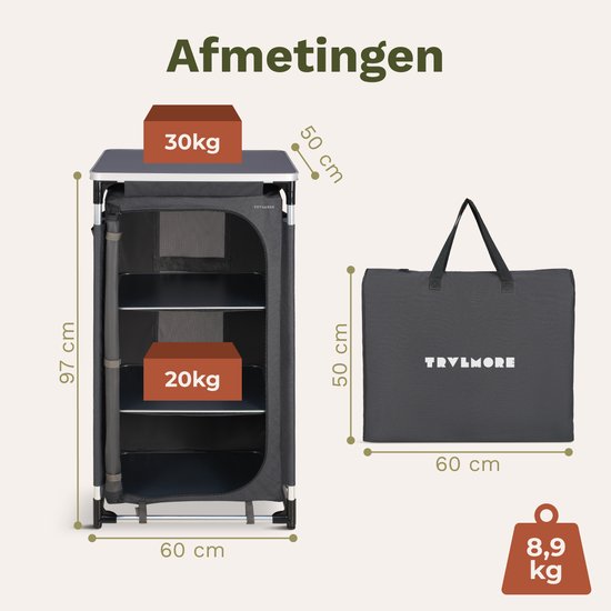 TRVLMORE Campingkast XL - Campingkeuken - 90KG Draagvermogen - Aluminium Frame - Inklapbaar - Incl. Draagtas - 50x60x97CM - Grijs van Merkloos — afbeelding 5