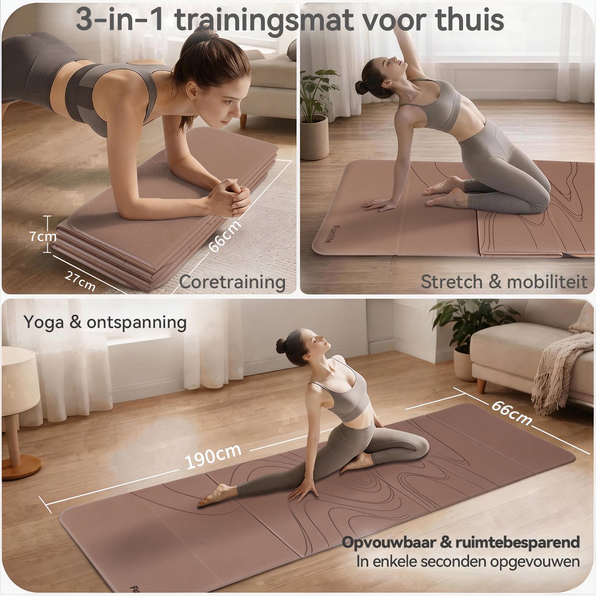 Funlife Opvouwbare Yogamat 190 x 66 cm - 10 mm Dik - Antislip Fitnessmat voor Yoga, Pilates en Thuis Workout - Karamel Flow Design thumbnail 4