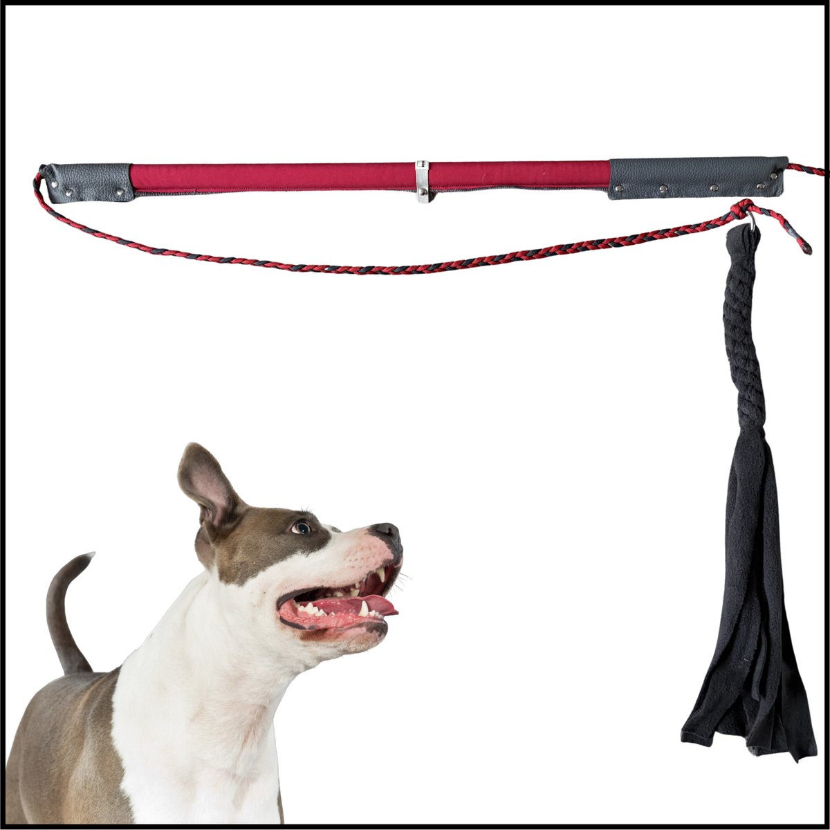 Hondenspeelgoed. Flirt Pole maat 1 in de kleuren rood en grijs. Hondenhengel - Hondentraining - trainingsspeelgoed - hondenspeelhengel - spelen en leren - trektouw - trekspel - ShukoGear by MadeByShuko