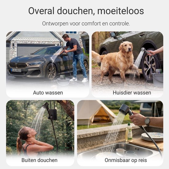 Oplaadbare Camping douche met 2 waterfilters - 24x douchebeurten - 3 Standen (Mist, Normaal, Vol) - Buitendouche voor kamperen, honden, auto, fiets en camper - FLOAT Campingdouche Oasis — afbeelding 4