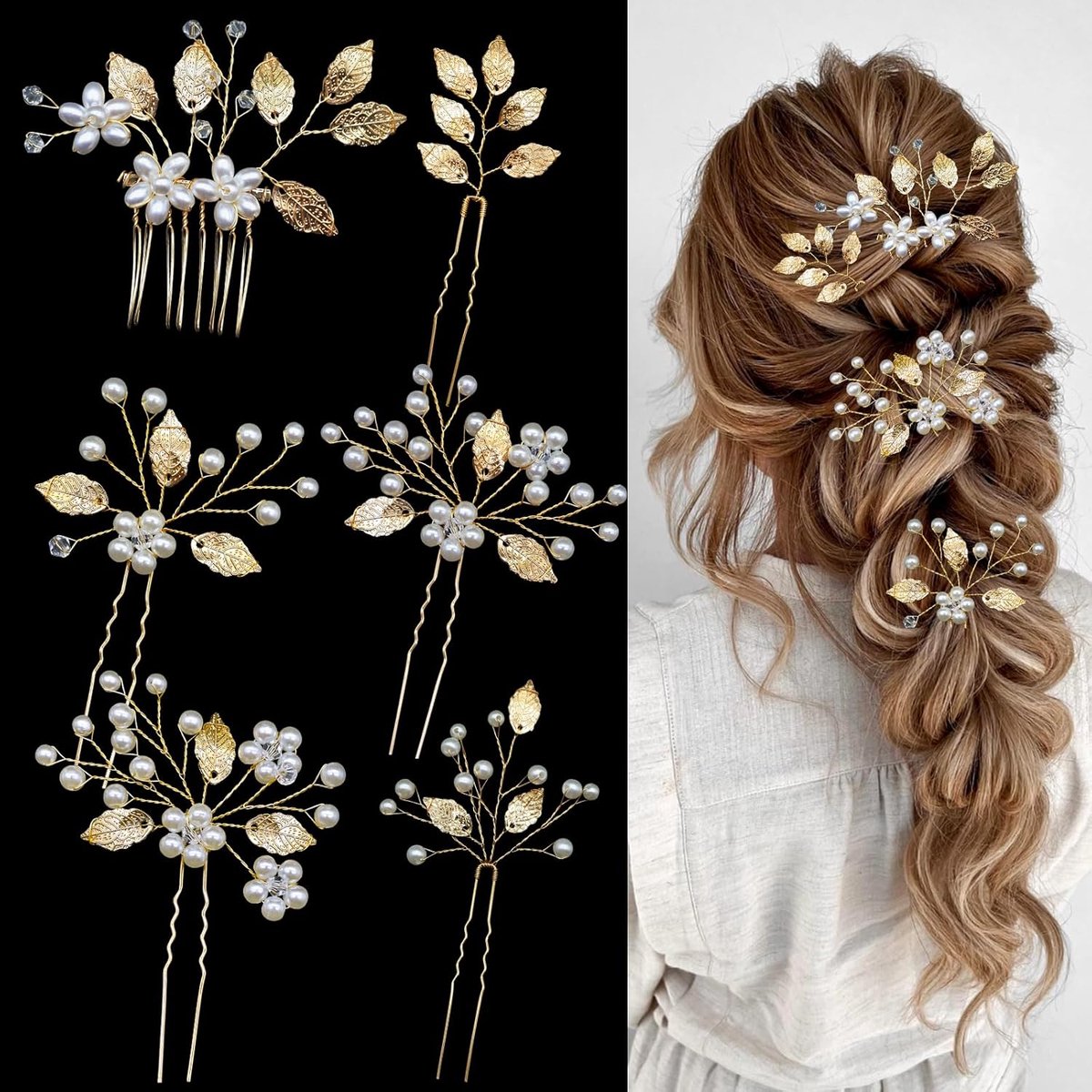 6 Delige Haaraccessoires Set voor Bruiloft Goud Kristal Parel U-Vormige Haarspelden