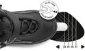 Detailopname van de voorkant van een zwarte skeeler met 'EASY SIZE ADJUSTMENT' illustratie en maataanduiding 34-37.