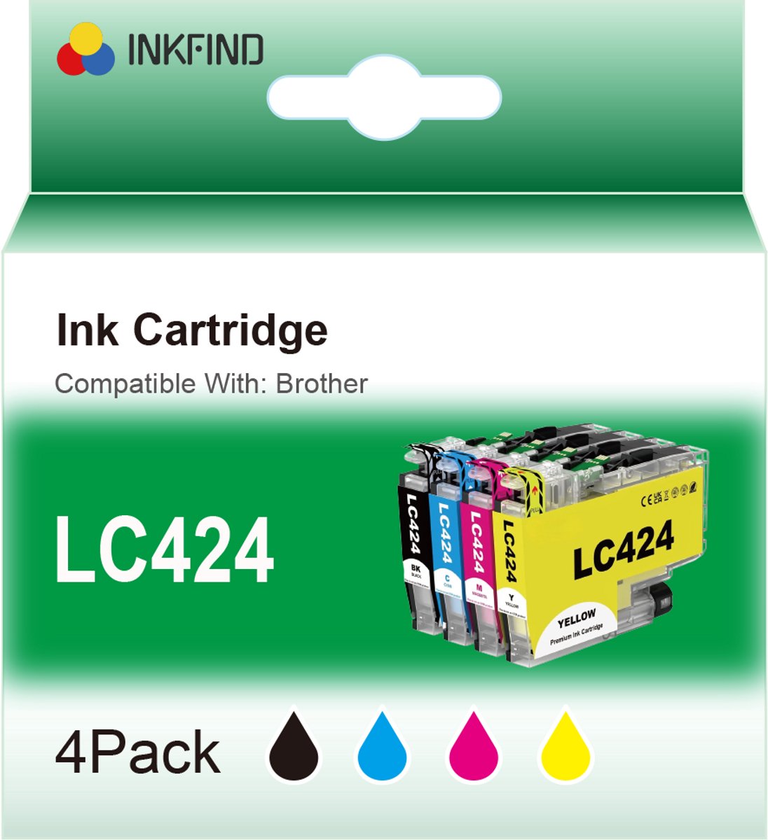 INKFIND LC424 inktcartridge voor Brother LC424 LC-424 BrotherLC424 inktcartridge multipack 4 stuks (Zwart x 1, Cyaan x 1, Magenta x 1, Geel x 1)