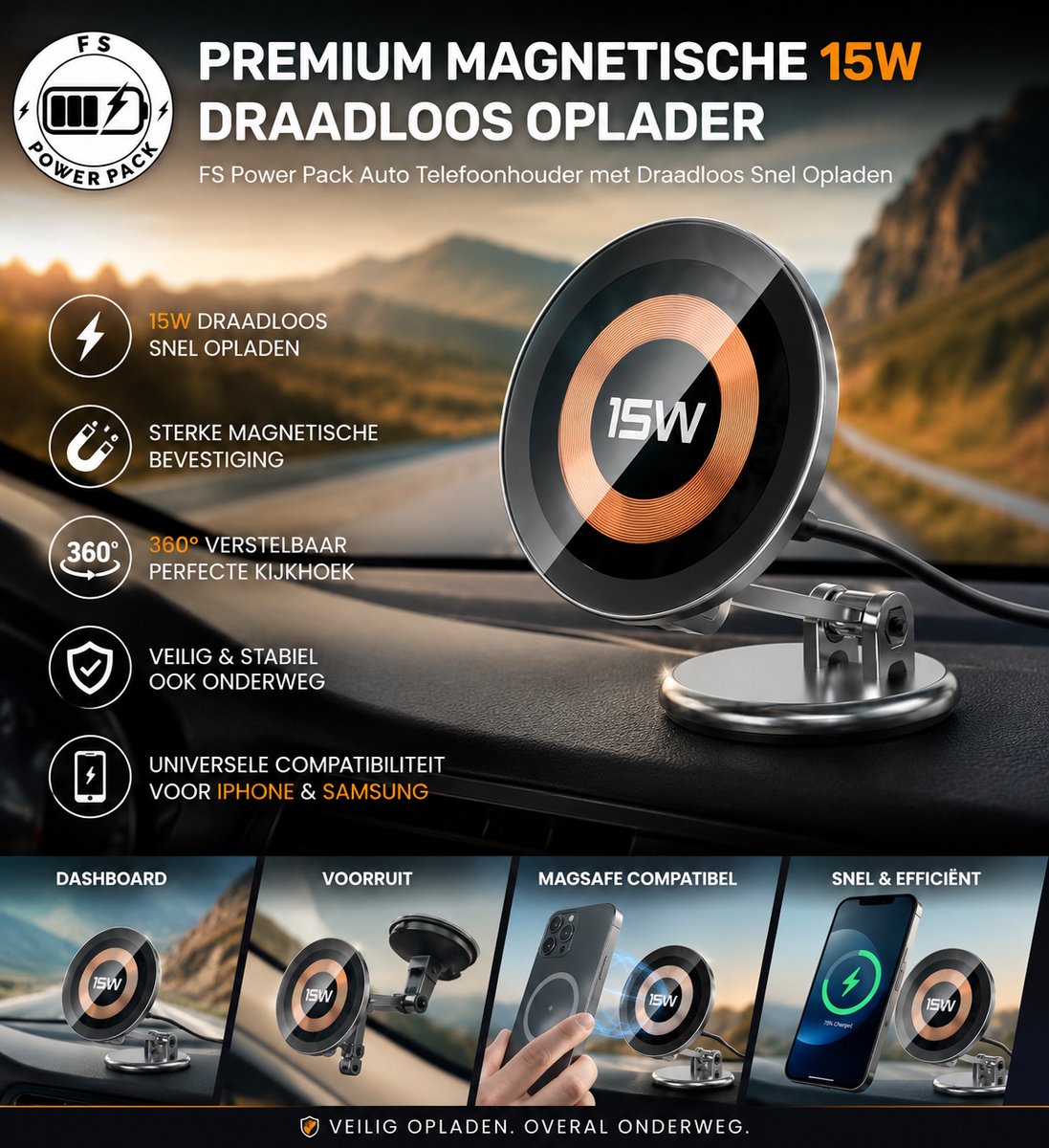 Premium Magnetische 15W Draadloos Oplader-FS Power Pack Auto Telefoonhouder met Draadloos Snel Opladen 15W – 360° Verstelbaar – Dashboard&Voorruit–Universele MagSafe Houder voor iPhone & Samsung-Black Friday Kerstcadeau-Sinterklaas-Nieuwjaar