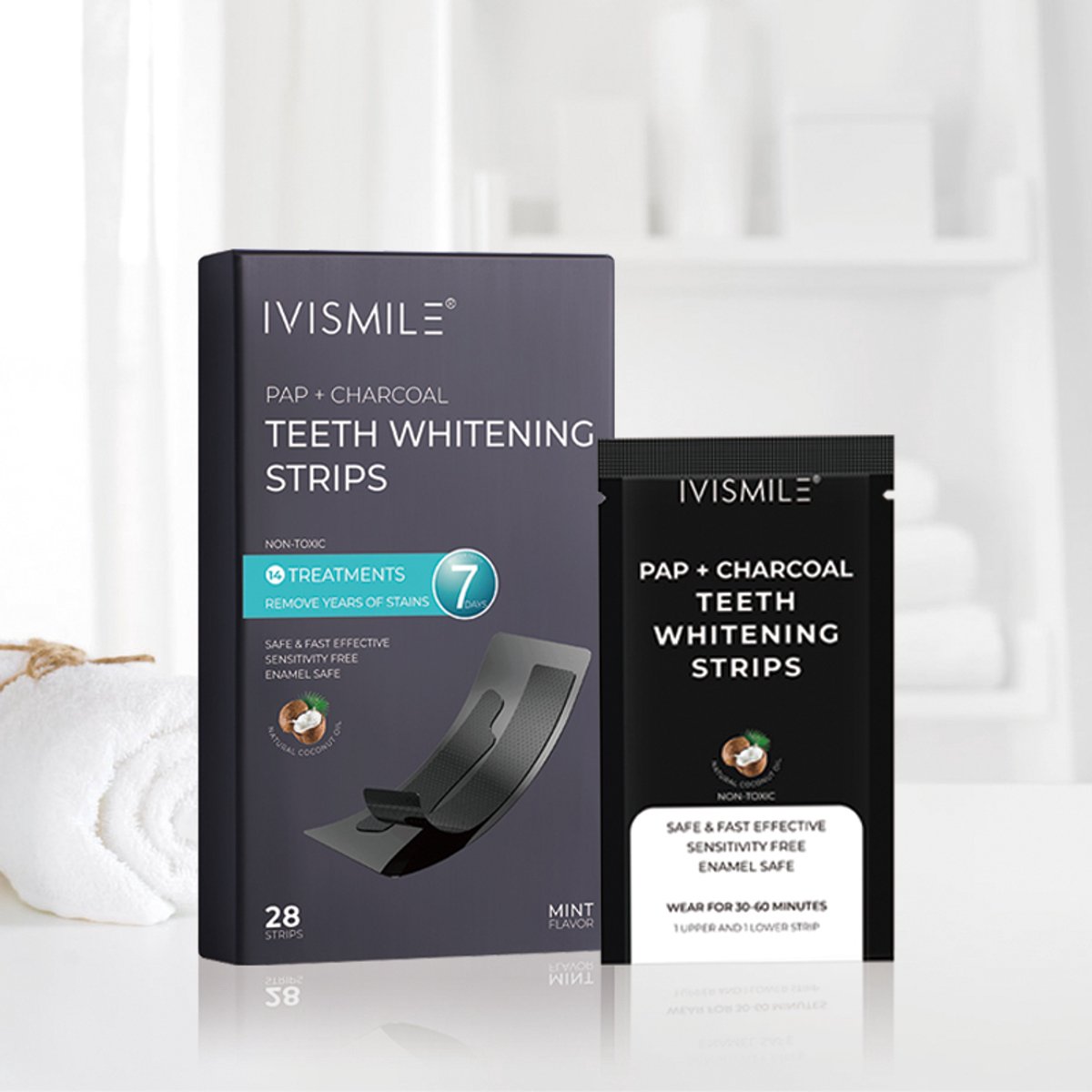 IVISMILE Tandenbleek Strips – 0% Peroxide – PAP + Charcoal– 28 Stuks - Wittere tanden - Teeth Whitening Strips