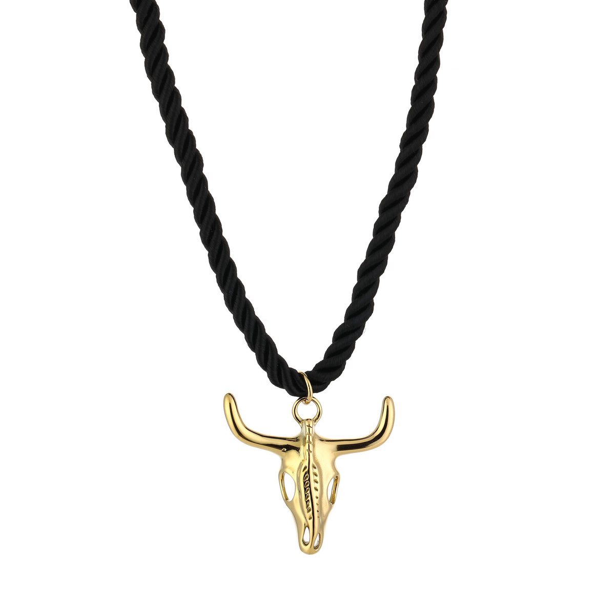 She life style - gouden stierschedel hanger aan een zwarte touwketting - Zwart