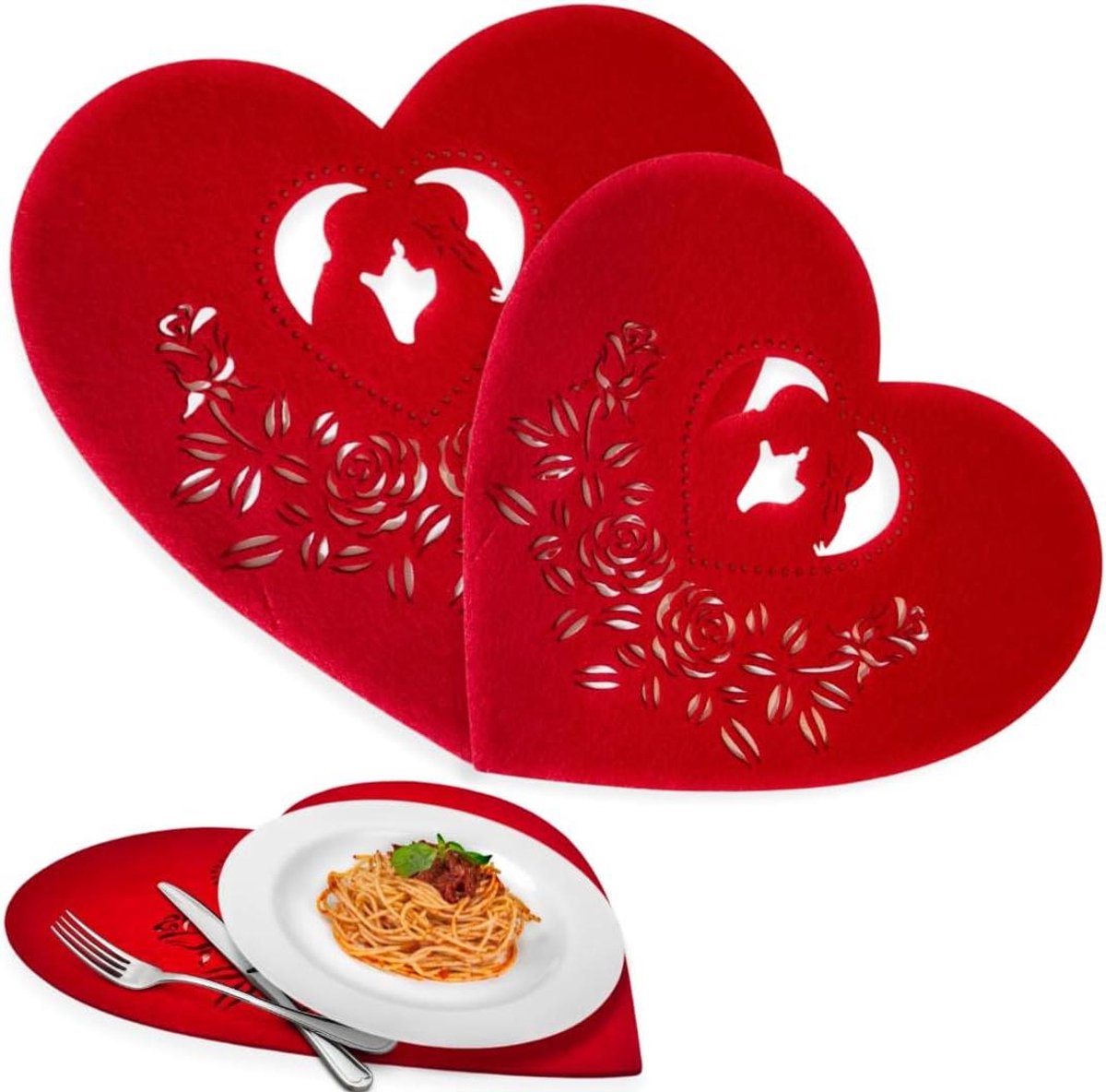 Harten Placemats - Valentijn Placemats - Romantisch Diner - Set van 2 - 33x22 cm - Rood